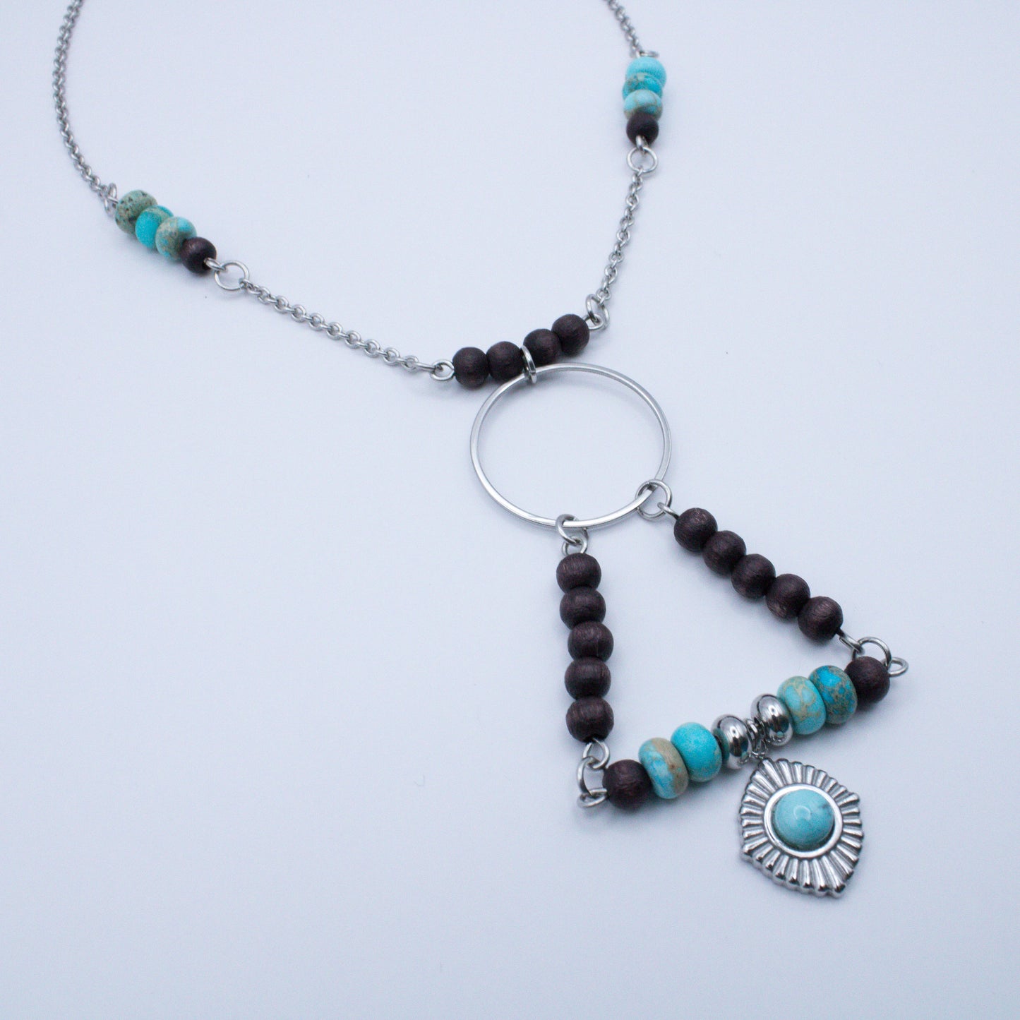 Collier géométrique bois et régalite turquoise