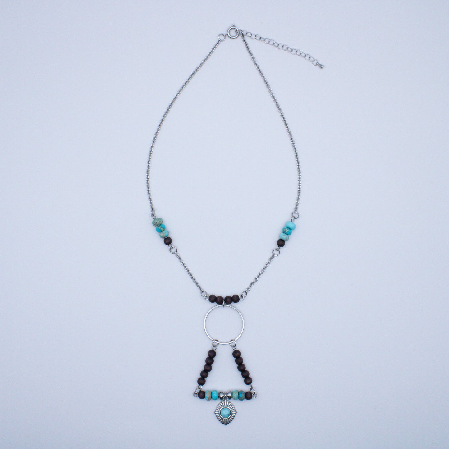 Collier géométrique bois et régalite turquoise