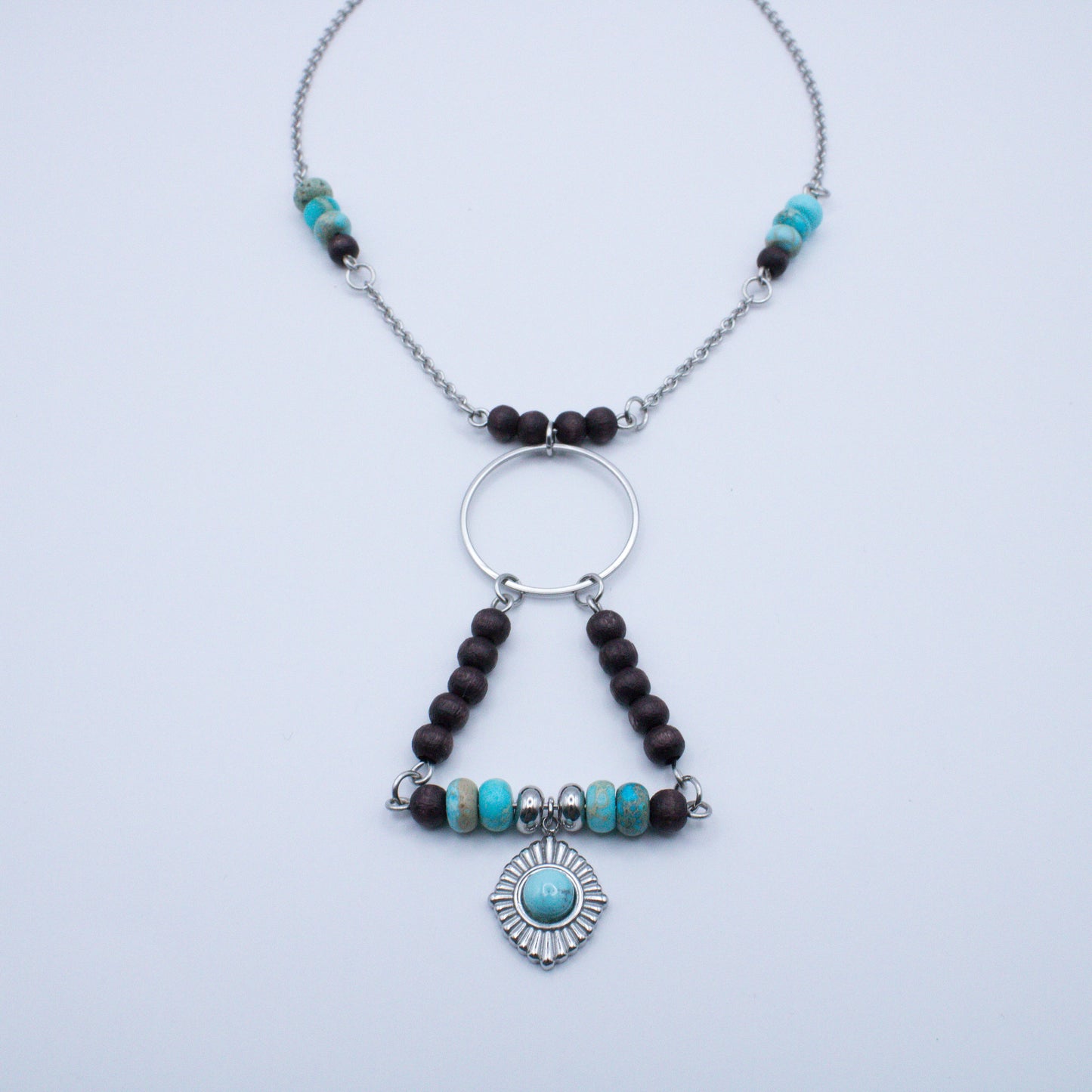 Collier géométrique bois et régalite turquoise
