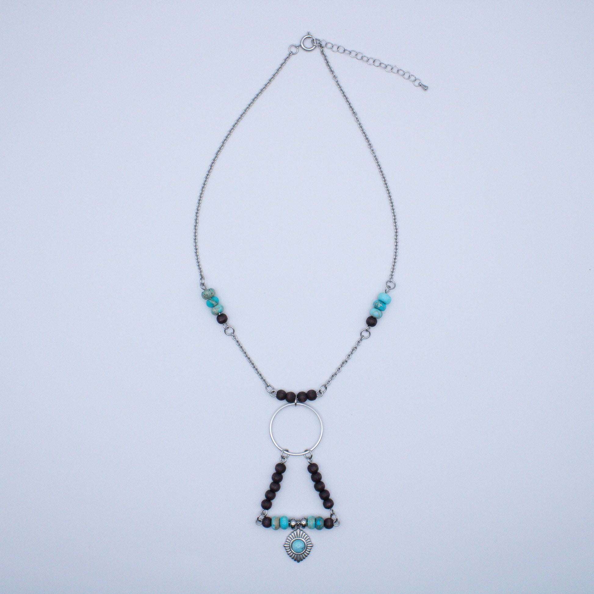 Collier géométrique bois et régalite turquoise