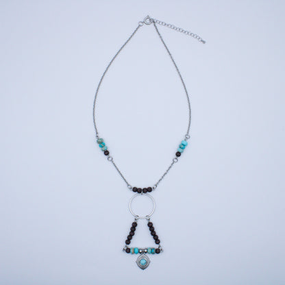 Collier géométrique bois et régalite turquoise