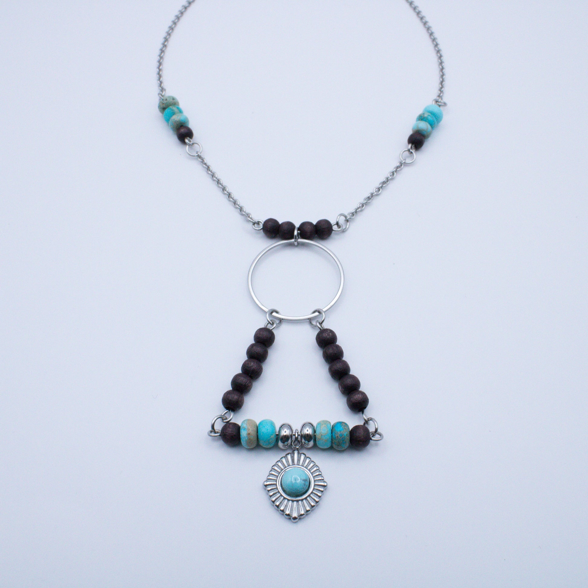 Collier géométrique bois et régalite turquoise