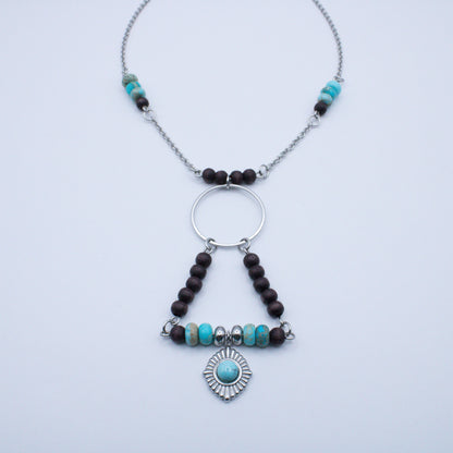 Collier géométrique bois et régalite turquoise